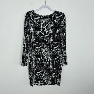 Just Female Black White Paint Splatter Scoop Neckline Long Sleeves Dress